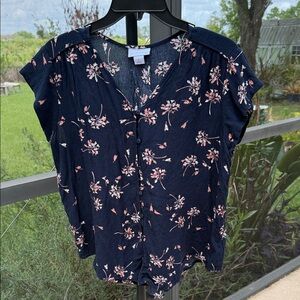 Liz Claiborne Navy Blouse with Pink Floral Pattern